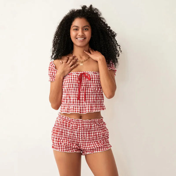 2 Piece Clothes Sets Plaid Square Neck Short Sleeve Tops and Shorts