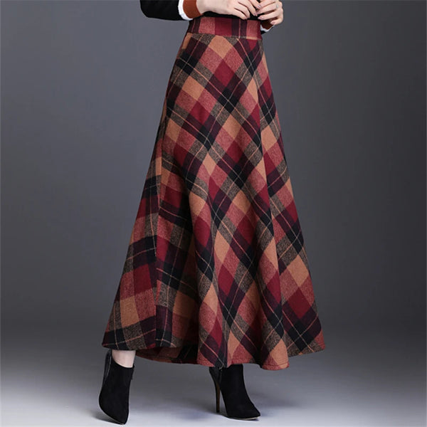 England Style Wool Tartan Skirt with Pockets and Loose Fit