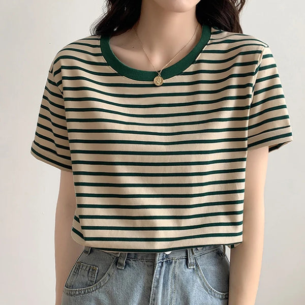 Cotton Loose Striped Casual Basic Female Tee-Top