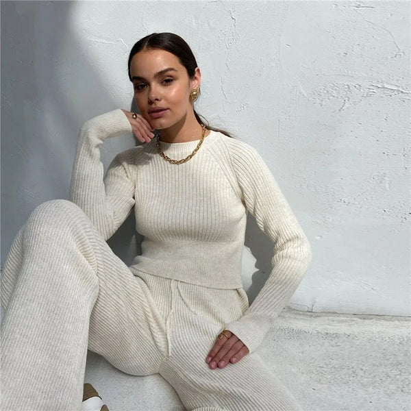 Knitted Long Sleeve Sweater & Wide Leg Pants Two-Piece Set Clothes