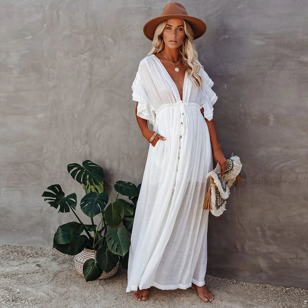 Summer Boho White Tunic Swimwear Cover-Up Dress