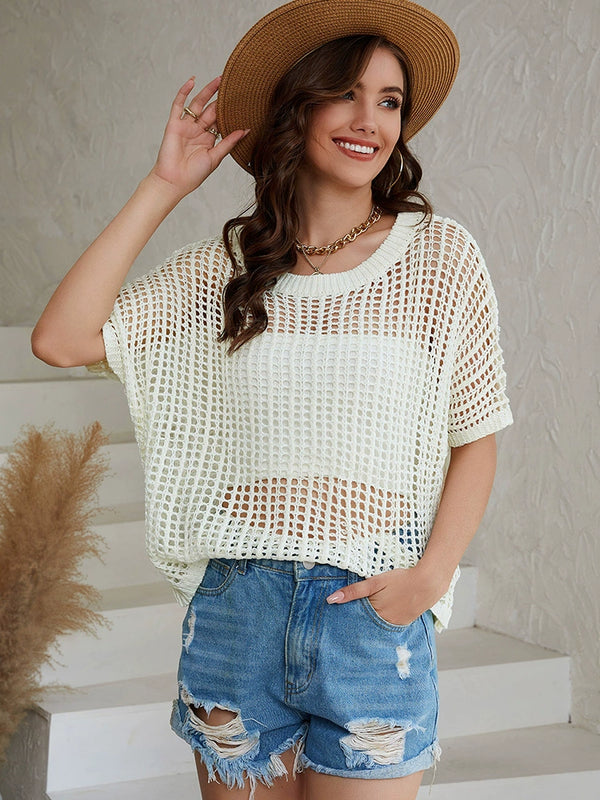 Knitted Wool Short-Sleeved Mesh Beach Tops