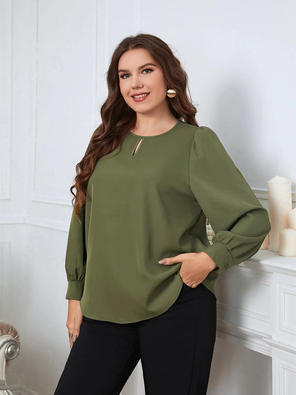 Army Green Round Neck Plus Size Long-Sleeved Blouse