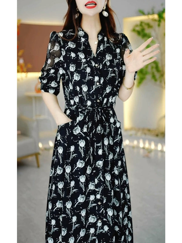 Classy Exquisite Black Chiffon Short Sleeve Dress