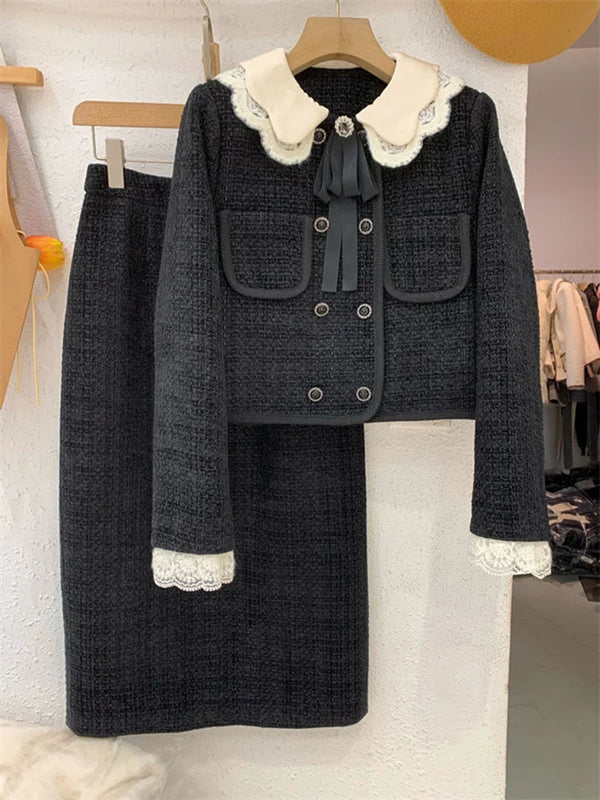 Tweed Double Breasted Short Jacket Coat & Sheath Skirt Dress