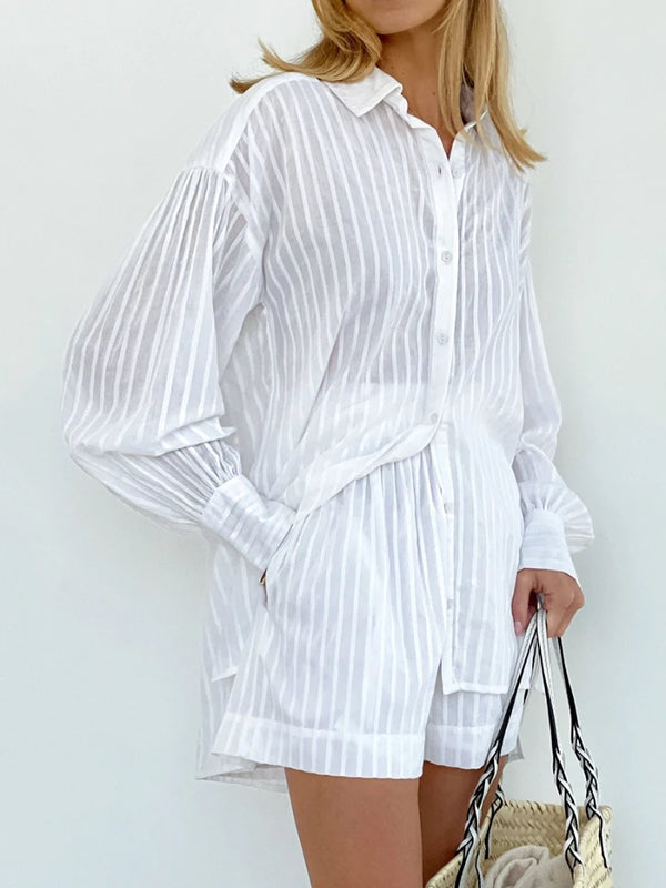 Casual Shorts & Cozy Lapel Lantern Long Sleeve Shirt Summer Outfits