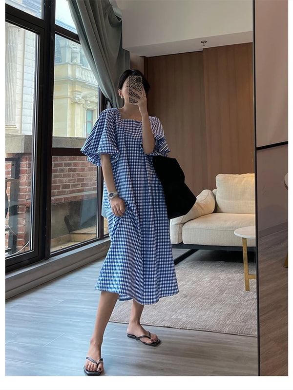 Square Neck Plaid Puff Sleeve Loose Casual Dress