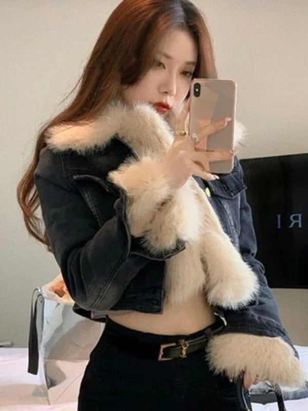 Cropped Black Thick Furry Collar Warm Coats