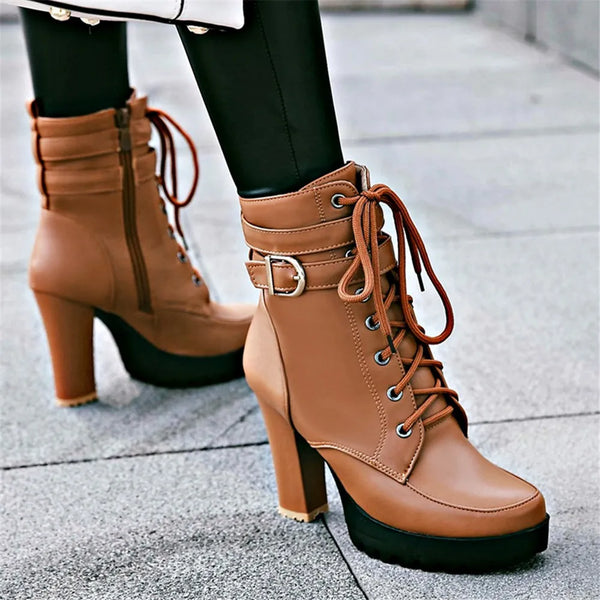 Motorcycle High Heels Ankle Buckle Boots