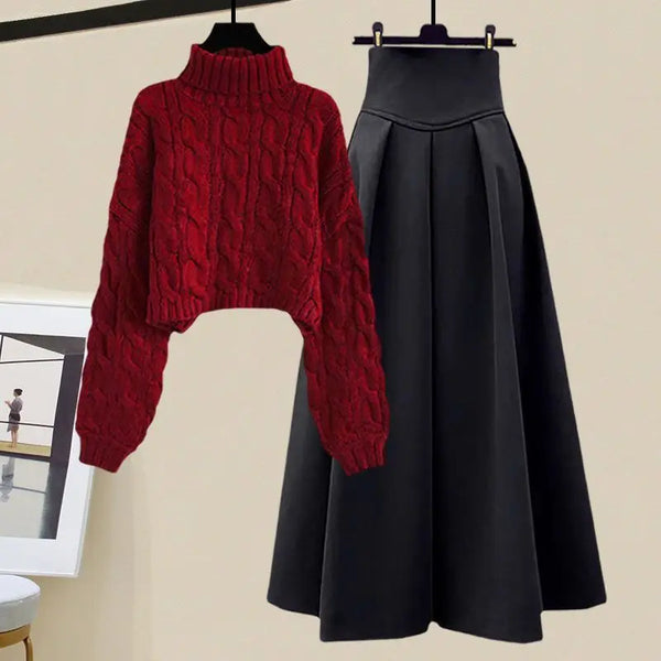 Korean High Neck Knitted Sweater & High Waist Long Skirts Autumn Wear