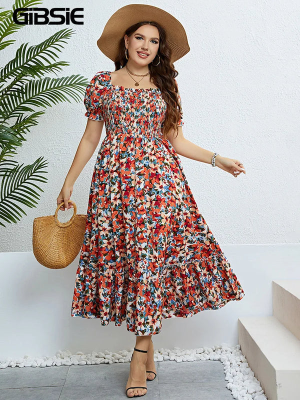 Floral Print Square Neck Puff Sleeve Plus Size Ruffled Long Dress