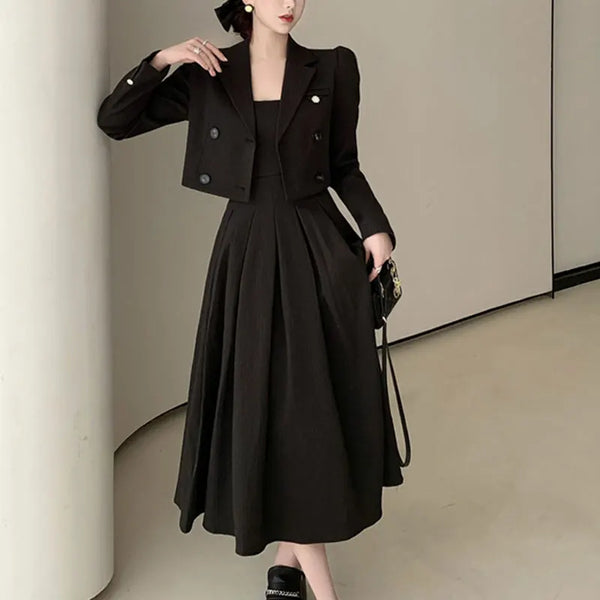 Black Suit Casual Blazer Coat & Classic High Waist Pleated Dress Autumn Wear