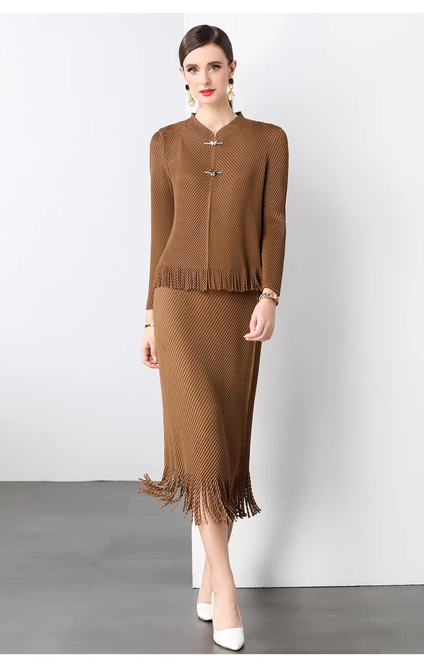 Pleated & Tassel 2 Pieces Long Sleeve Buttons & Midi-Skirt