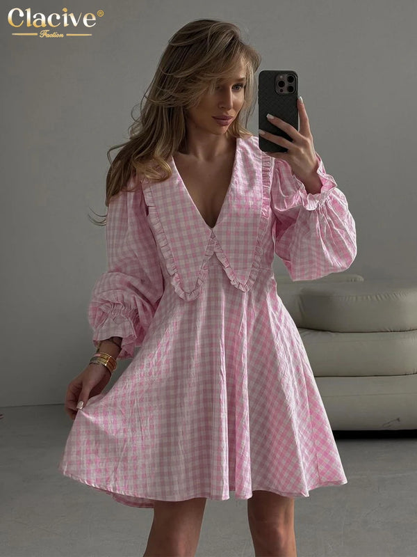 Doll Collar Loose Plaid Long Sleeve Dress