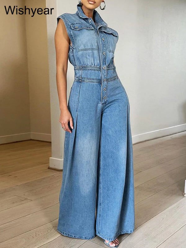 Vintage Loose Denim Wide Leg Pants Jumpsuit Pocket Sleeveless & Single Breasted Baggy Jeans