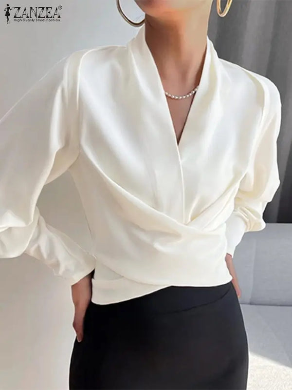 Wrapped Long Cuff Puff Sleeve Formal Blouse