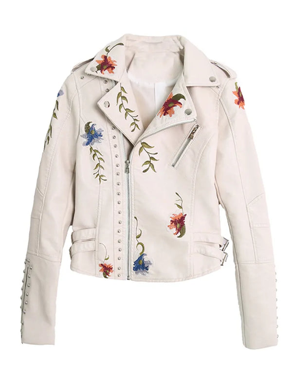 Floral Print Embroidered Faux Leather Biker Jacket with Turn-down Collar