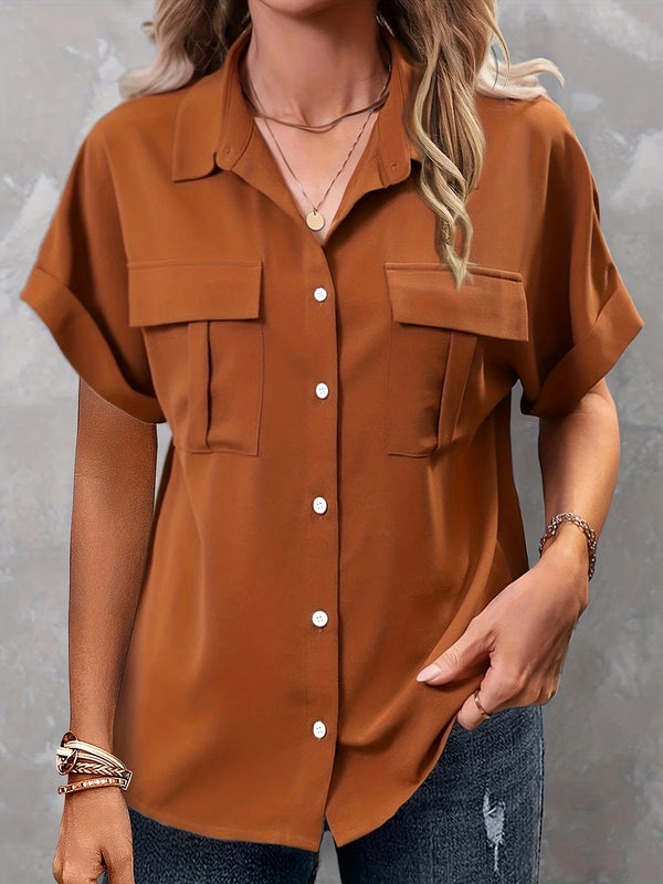 Plus Size Casual Short Sleeve Buttons With Flap Pockets Blouse