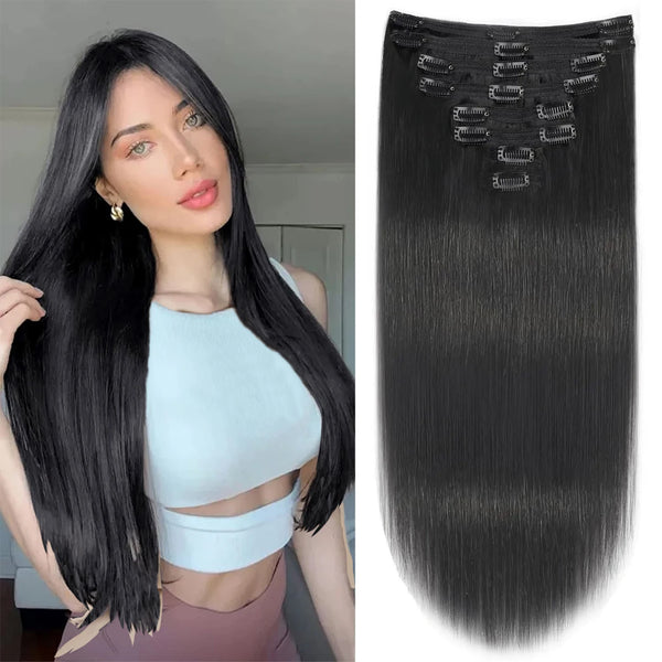 Clip in Human Hair Extensions Silky Straight Double Weft Thick 12-26inches Hair