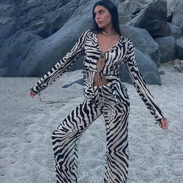 Cryptographic Mesh Print Stripe Tie Top & Pants 2 Piece Sets Beachwear