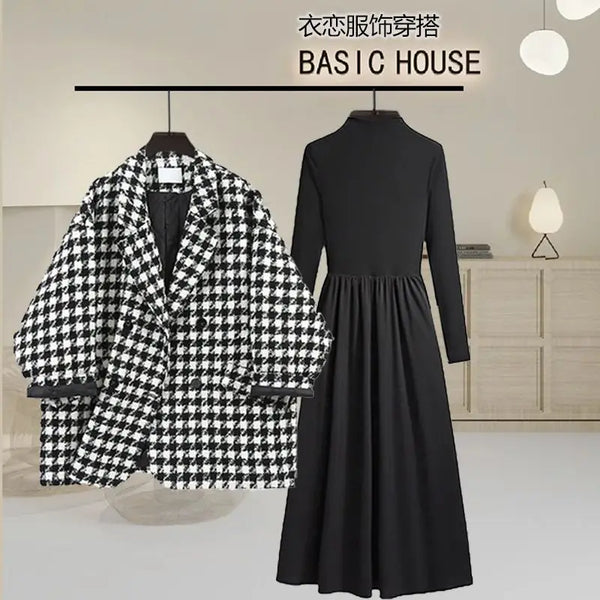 Autumn and Winter Korean Thick Woolen Plaid Suit & Slimming Long Sleeved Dress Two-Piece Set