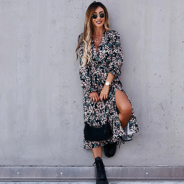 Floral Print Ankle-Length Maxi Dress with V-Neck